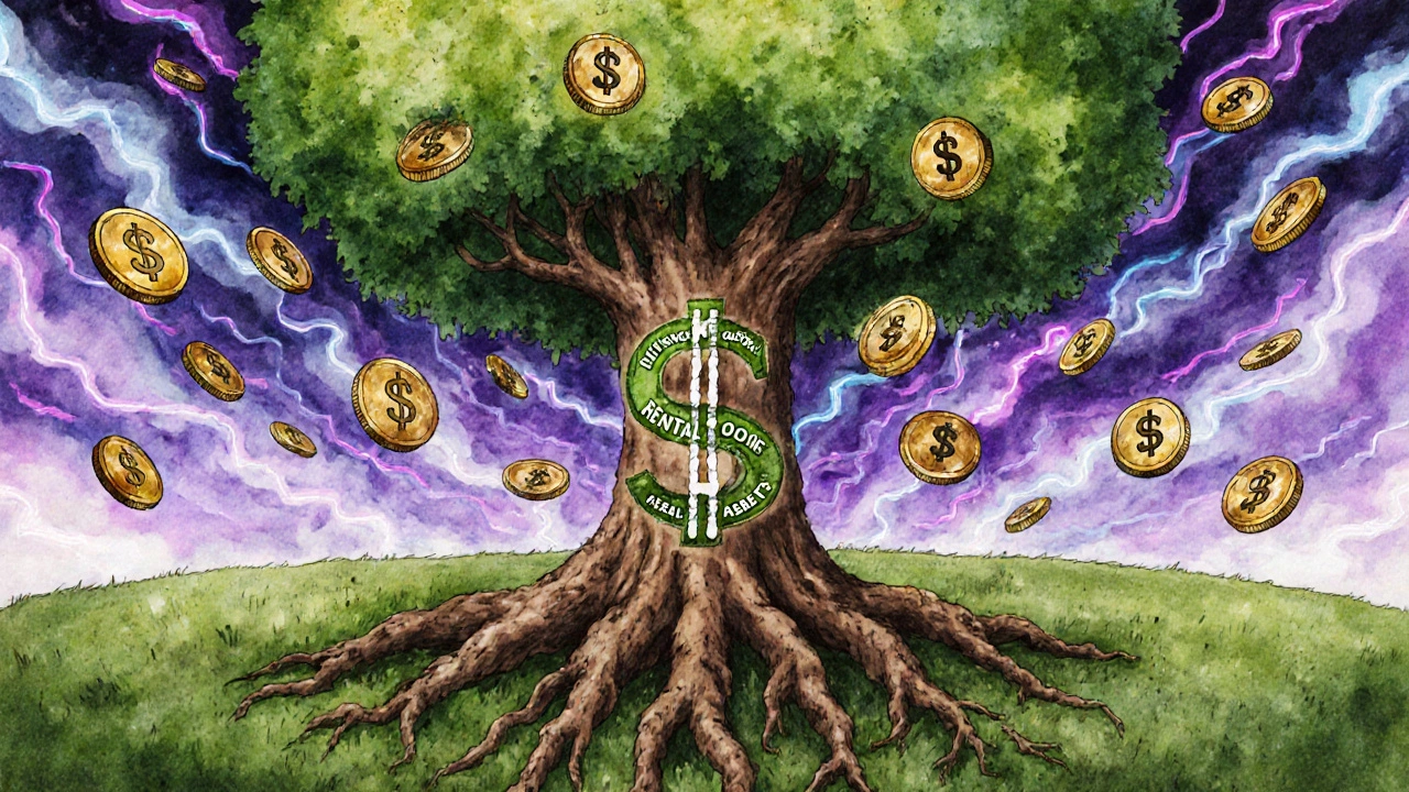 Tree with roots as dollar signs and fruit labeled income types, crypto coins fading in stormy sky above.
