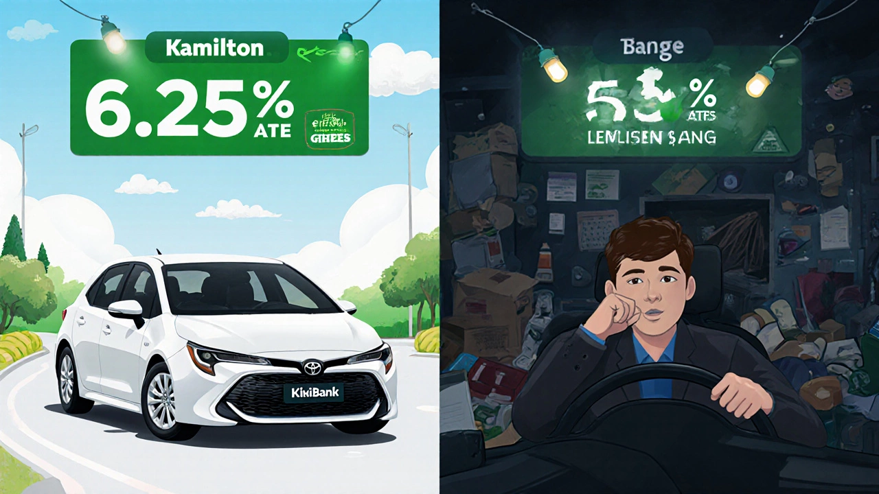 Two drivers comparing car loan outcomes: one with good terms and low rate, another with poor terms and high rate in New Zealand.