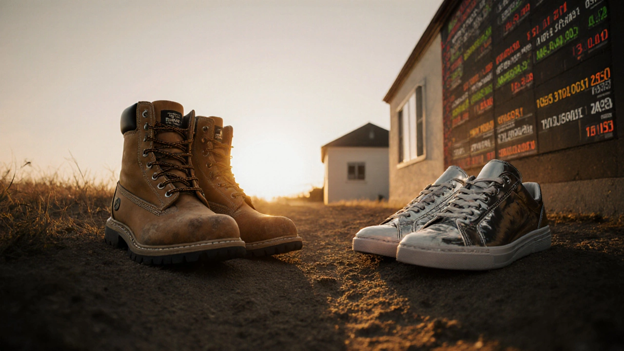 Worn work boots next to abandoned sneakers on a path to rental property and stock ticker, golden sunrise behind.