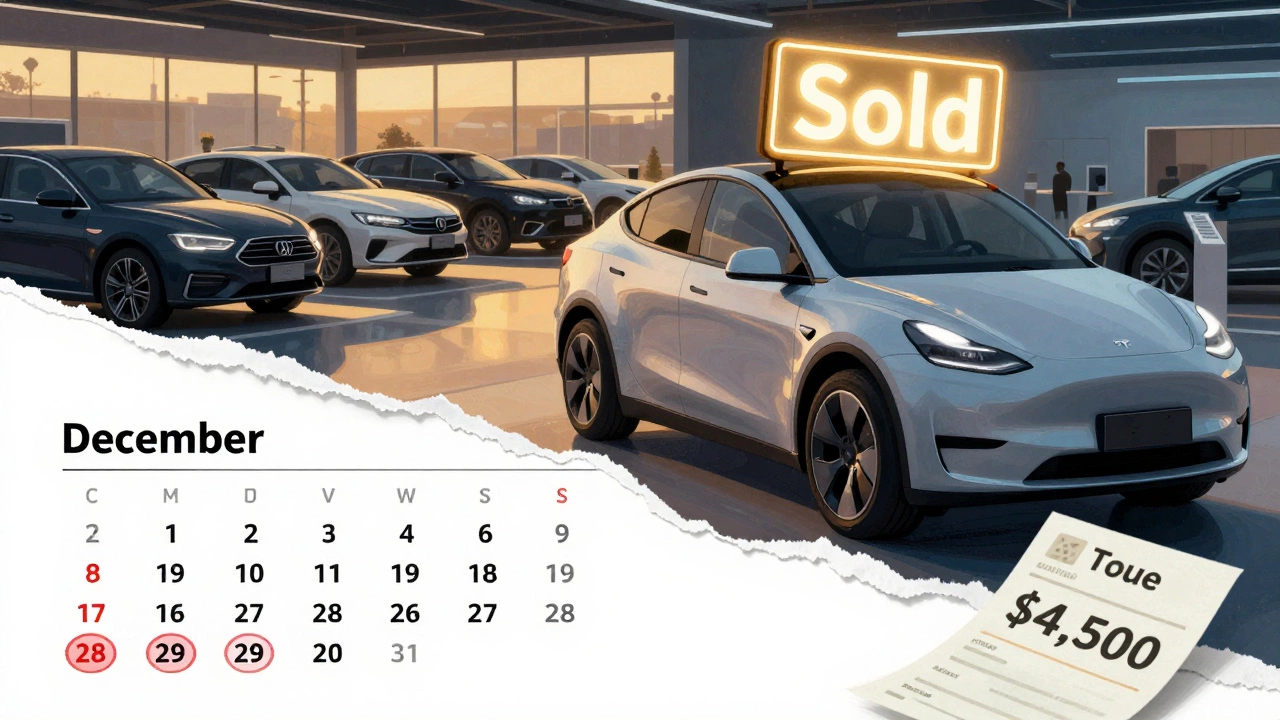 A calendar showing late December with split images of cluttered car lots and a discounted electric vehicle sale.