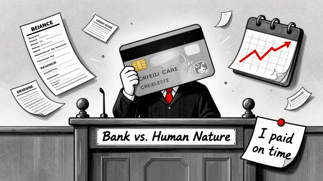A credit card on trial surrounded by evidence of fees, missed deadlines, and crashing credit score.