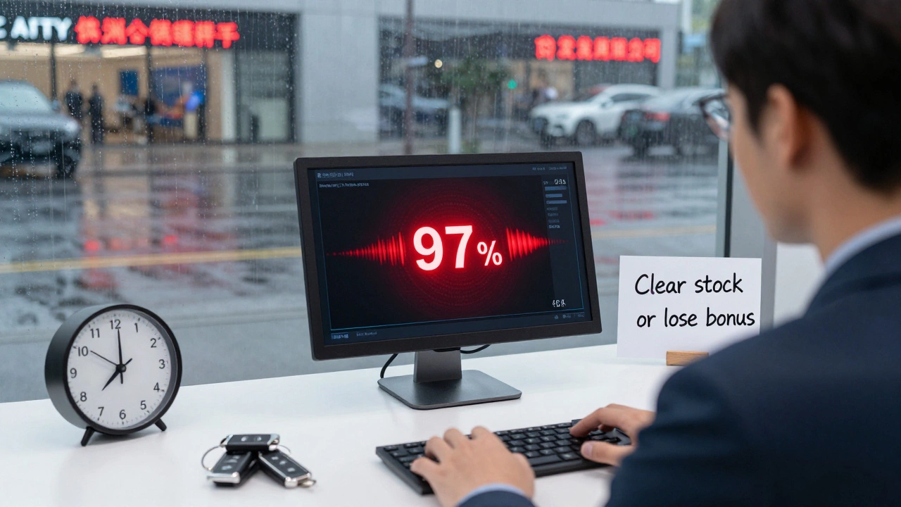 A dealership manager watches a digital sales dashboard nearing year-end target, with unsold keys and a ticking clock.