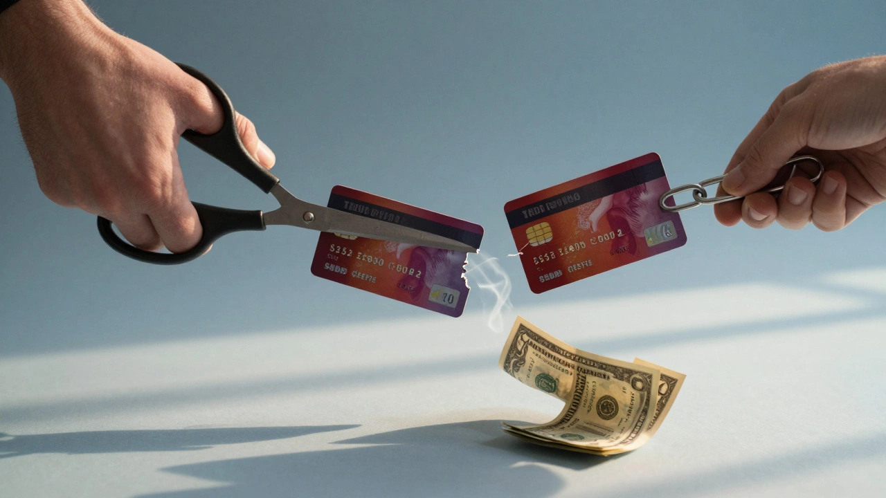 A person cutting a chain of credit cards, symbolizing freedom from debt.
