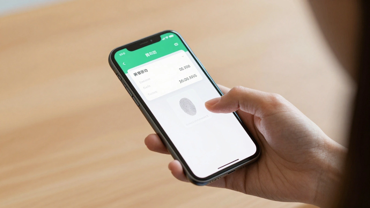 A person securely logging into a savings account using fingerprint authentication.