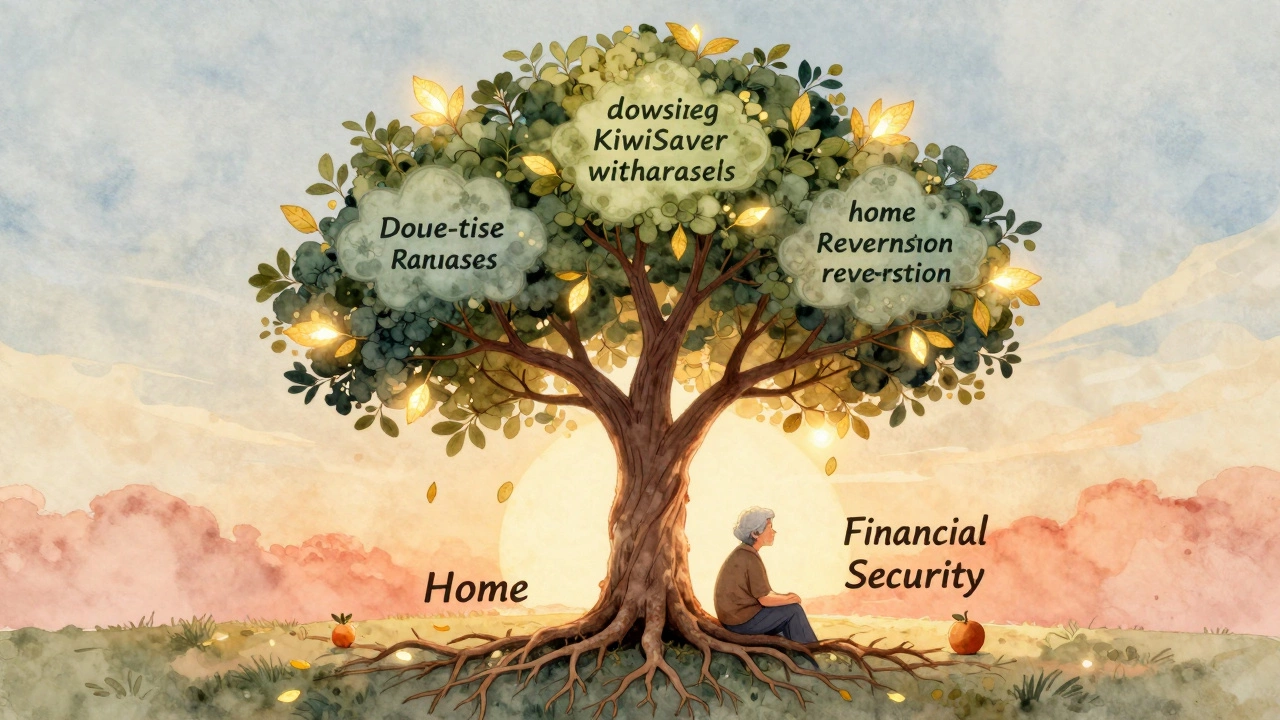A symbolic tree with five branches representing alternatives to equity release, under which a calm older adult sits.