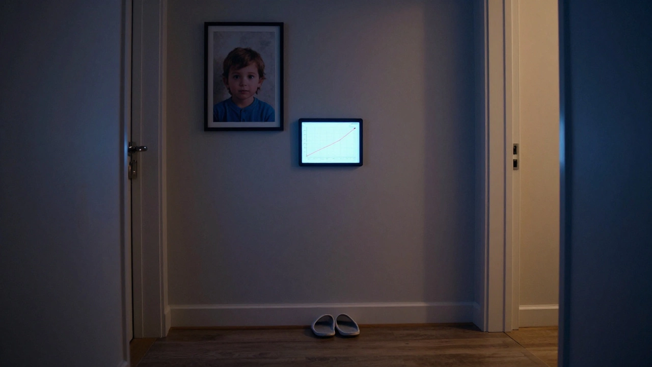 An empty hallway with a family photo and a debt projection graph on a tablet.