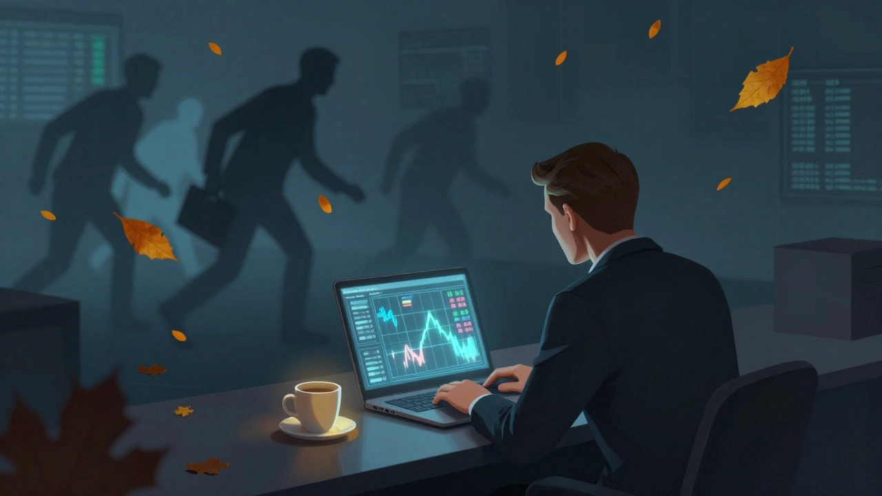 An investor watching a sinking crypto portfolio as ghostly traders withdraw capital, autumn leaves swirling around.