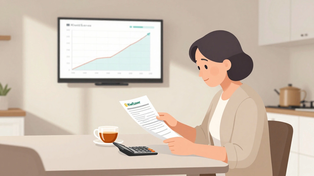 An older woman reviewing financial documents at a kitchen table with a KiwiSaver statement and calculator nearby.