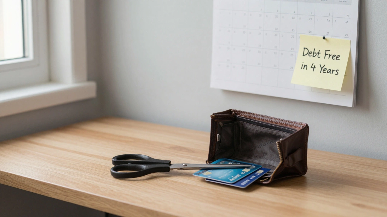 Empty wallet with cut-up credit cards and a &#039;Debt Free in 4 Years&#039; calendar