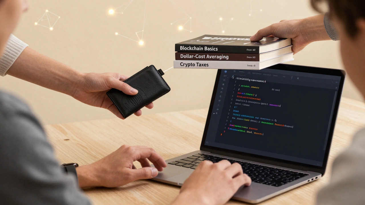 Hands exchanging hardware wallet and books, code visible, symbolizing learning and sustainable crypto income.