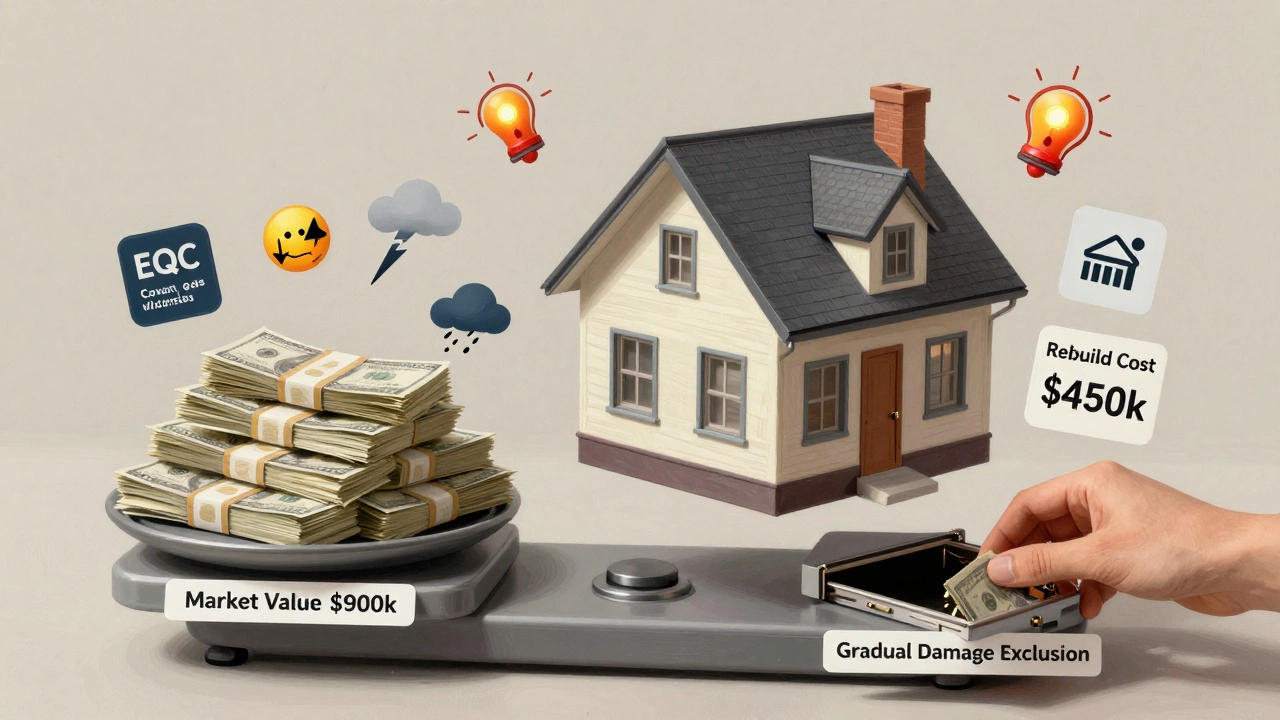 House on a scale comparing market value to rebuild cost with insurance symbols.