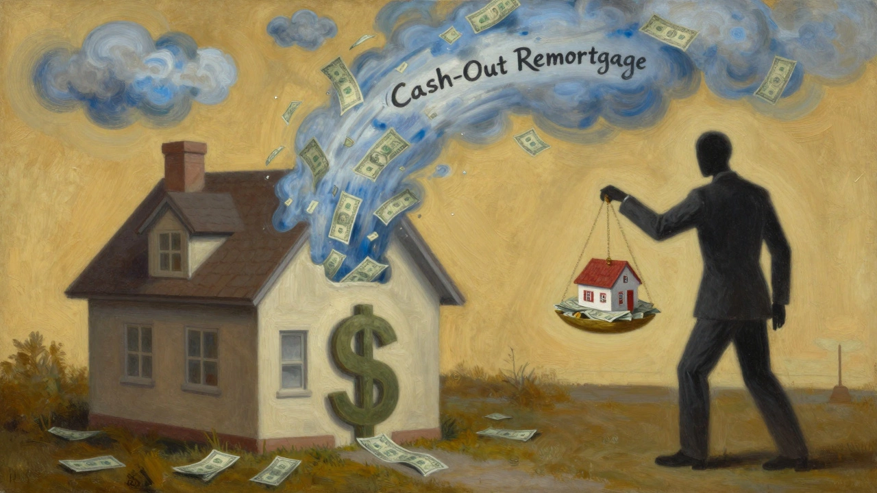 House with cash flowing out its roof into a debt vortex, symbolizing risky cash-out remortgaging.