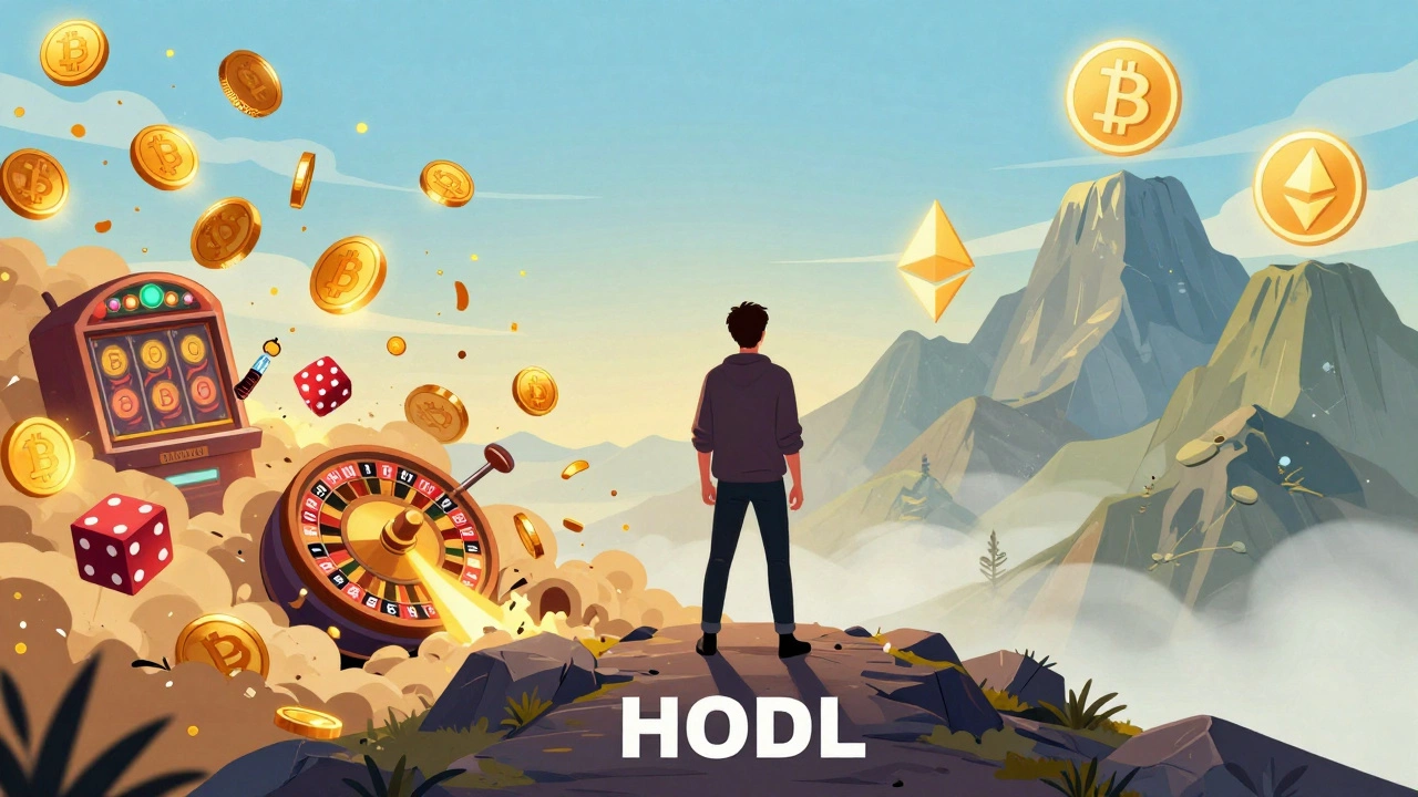 Person on path of HODLing, stable crypto mountains vs collapsing gambling symbols in background.