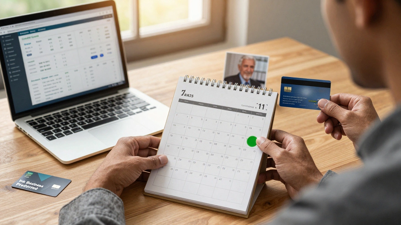 Person reviewing calendar with credit card dates and business card nearby