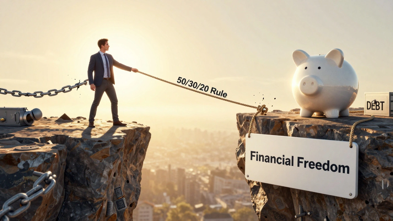 Person standing at edge of cliff holding rope to financial freedom, debt chains breaking behind.