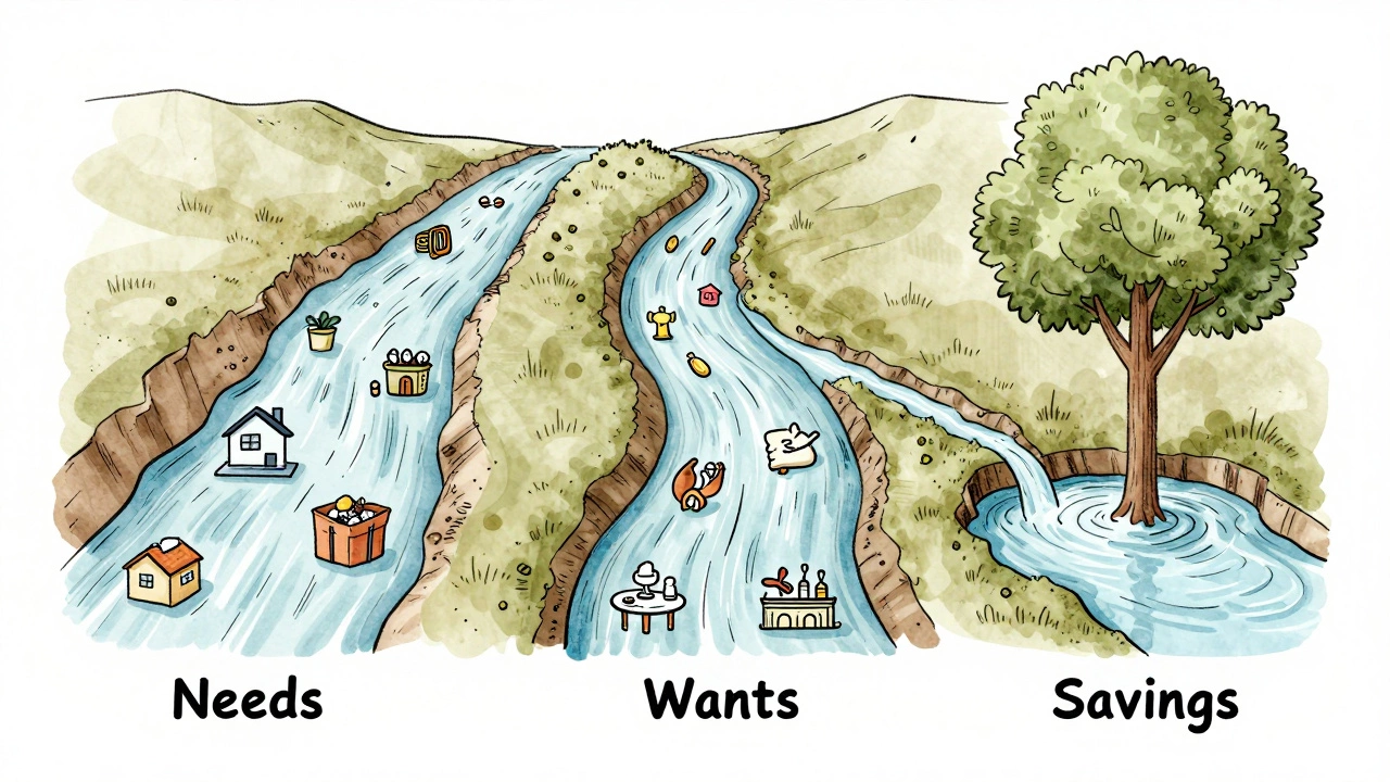 River divided into three streams showing needs, wants, and savings flowing into a reservoir.