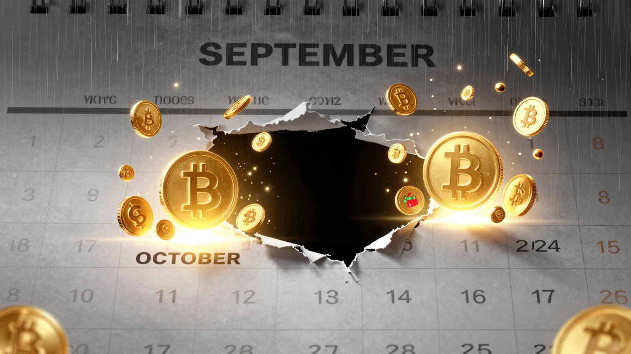 September calendar torn away to reveal darkness, while October and November glow with rising crypto symbols and holiday icons.