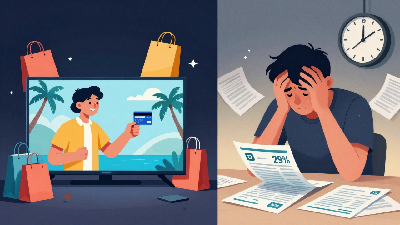 Split image: person happily shopping vs. same person stressed over a high-interest credit bill.