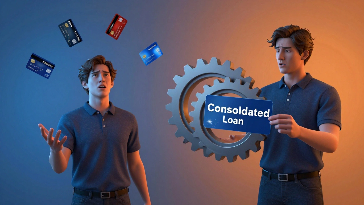 Split-screen showing debt chaos on left and consolidated control on right