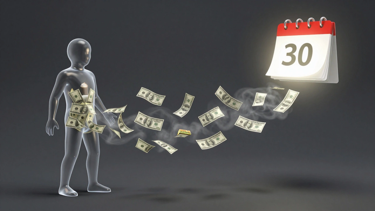 Transparent figure with dollar bills fading away, symbolizing unseen spending.