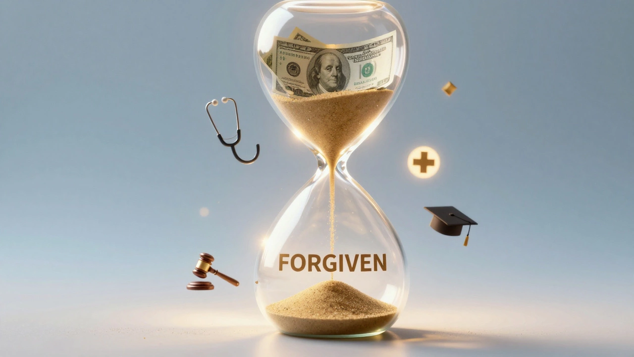 An hourglass transforming student debt into the word 'FORGIVEN' surrounded by professional icons.
