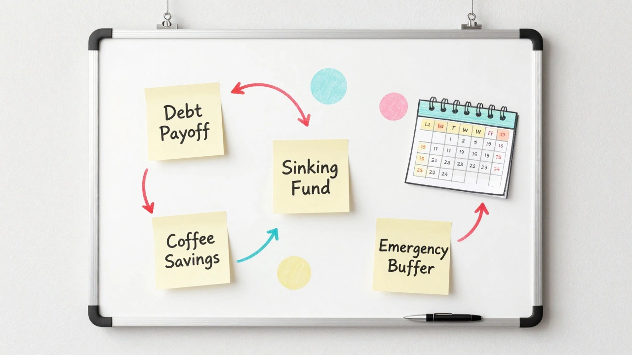 Colorful whiteboard budget plan with sticky notes and weekly check-in calendar.
