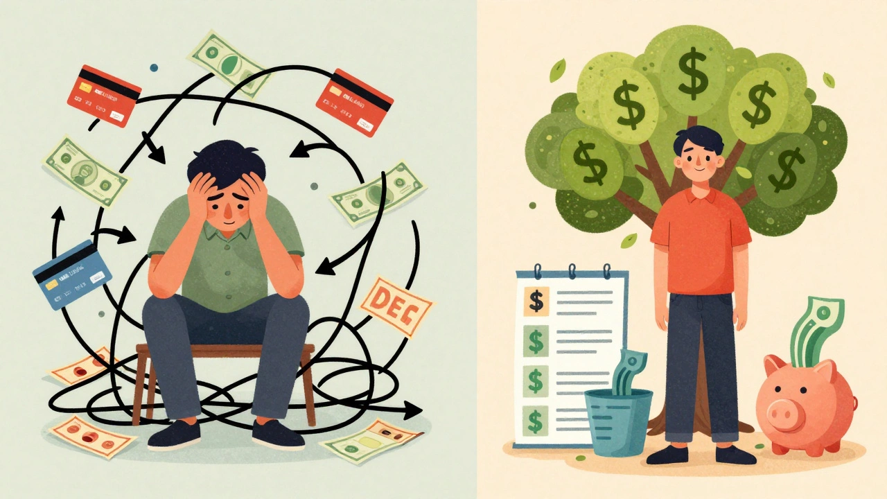 Contrasting images of financial stress versus calm progress with money flowing into savings and investments.