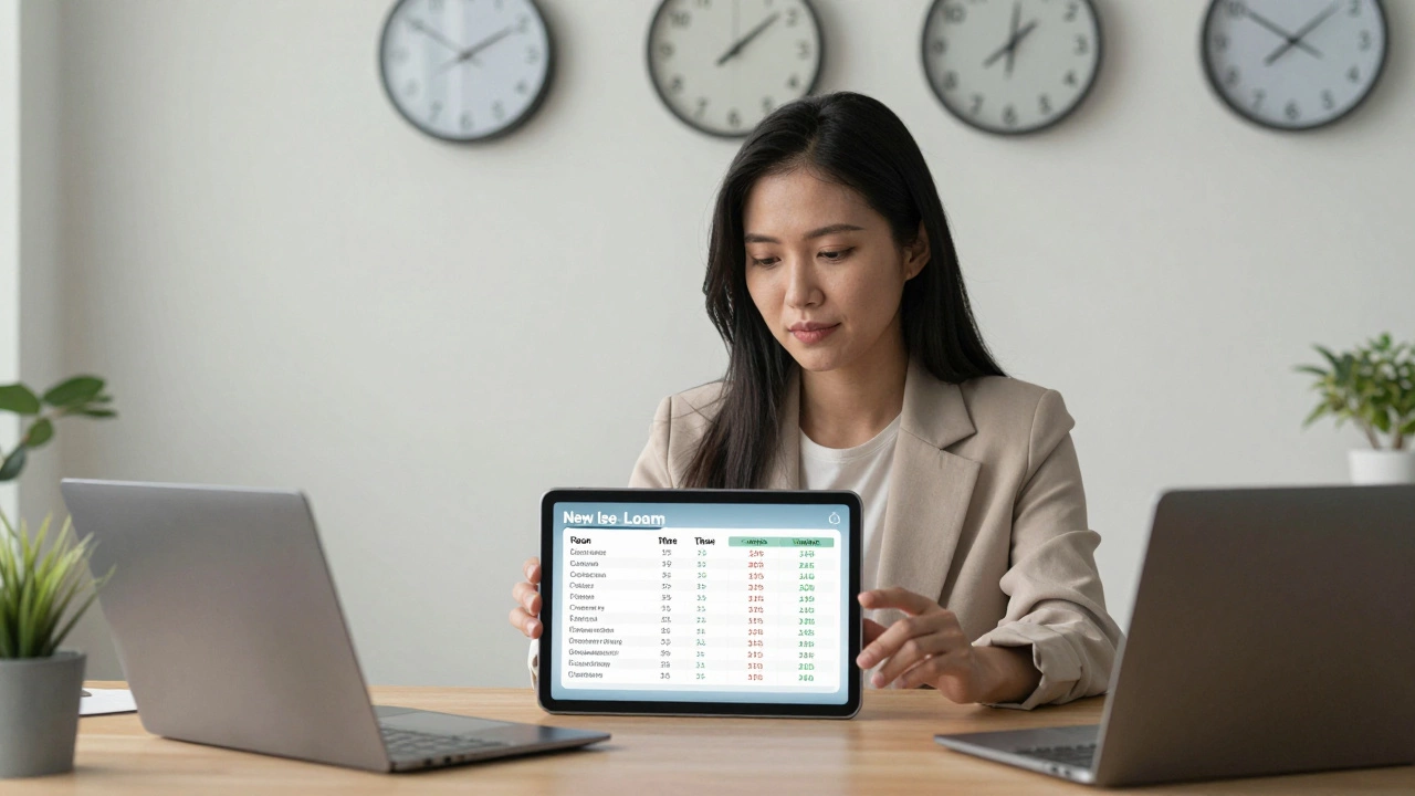 Mortgage advisor showing detailed loan comparison on tablet in a quiet office.