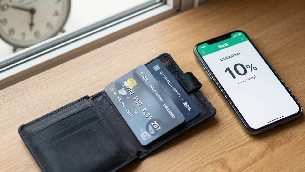 Open wallet with two credit cards showing low balances, smartphone displaying 10% utilization alert.