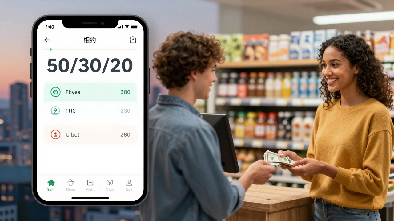 Smartphone budget app showing 50/30/20 categories alongside someone paying with cash at a store.