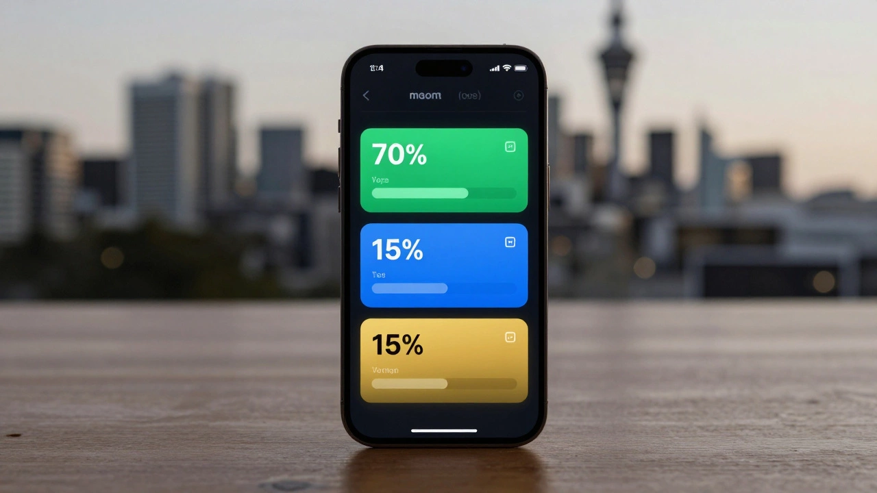 Smartphone screen showing automated budget transfers with three color-coded progress bars.