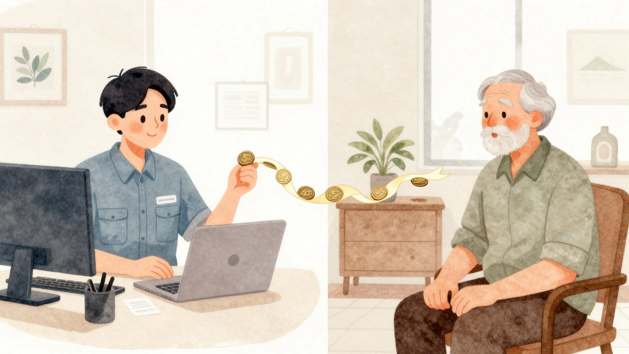 Split illustration of a person working and then retiring, connected by flowing coins.