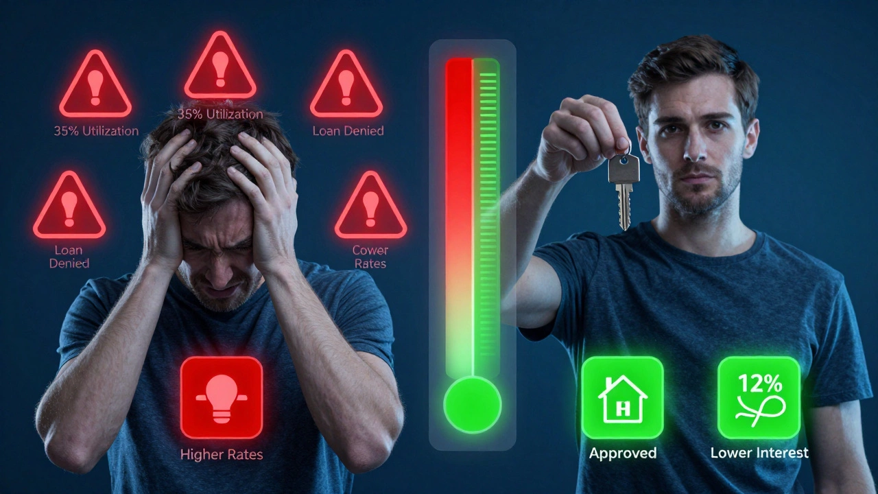 Split image: left side with financial warnings, right side with approval and key, credit score shifting from red to green.