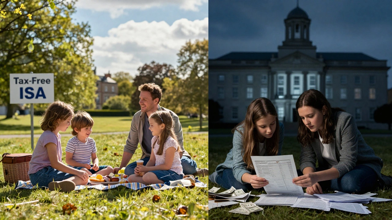 Split scene: British family enjoying tax-free ISA picnic vs. same family stressed by U.S. tax bills.