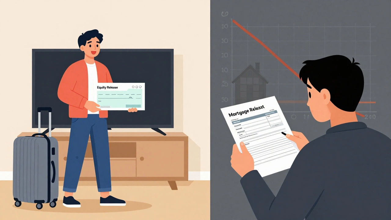 Split scene: person spending equity on vacation vs. later facing higher mortgage debt.