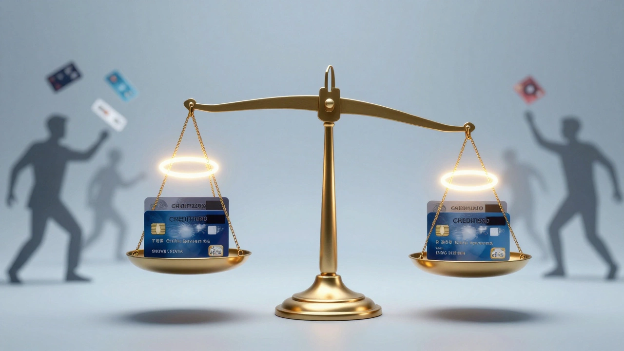 A balanced scale with credit cards on one side and positive credit metrics on the other, symbolizing responsible use.