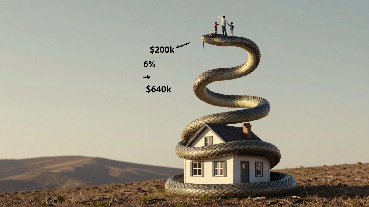 A house encircled by a growing spiral of compound interest numbers, with a distant family unable to reach it.