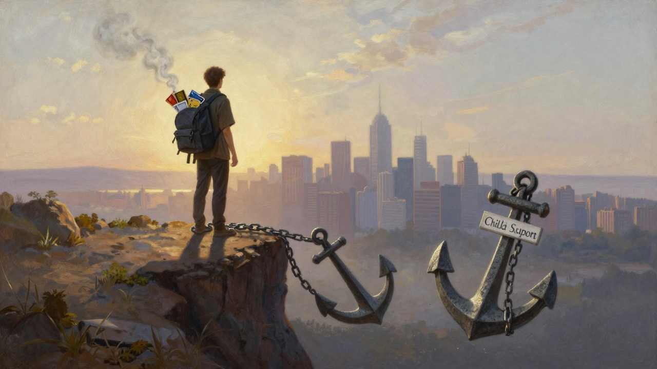 A person carrying erased debts but weighed down by unremovable student loan and child support anchors.