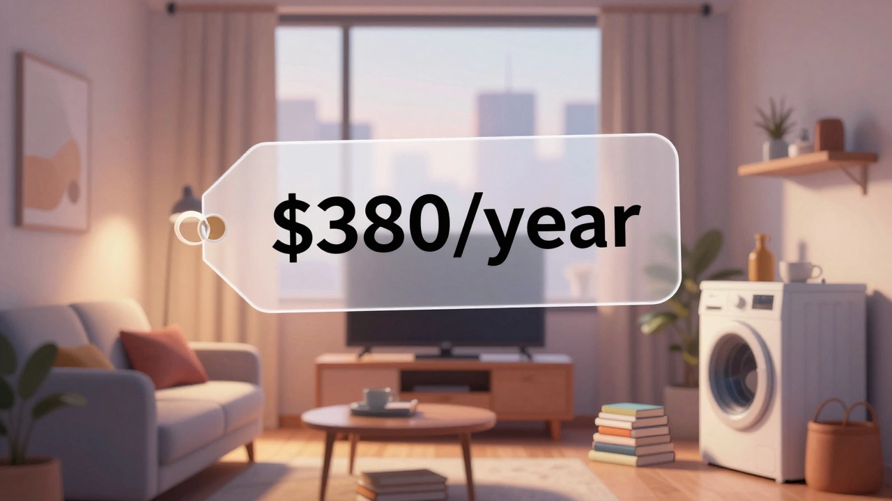 A rental apartment filled with everyday items, illuminated by warm light.