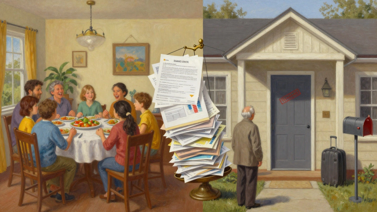 A split image: a happy family in a home versus the same house empty and marked by a bank stamp.