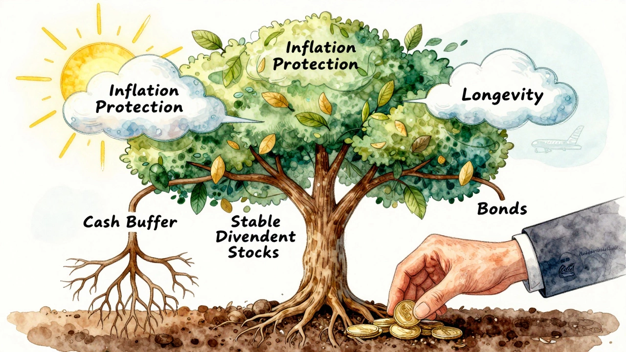 A symbolic tree with roots and branches representing balanced retirement investing and dividend growth.