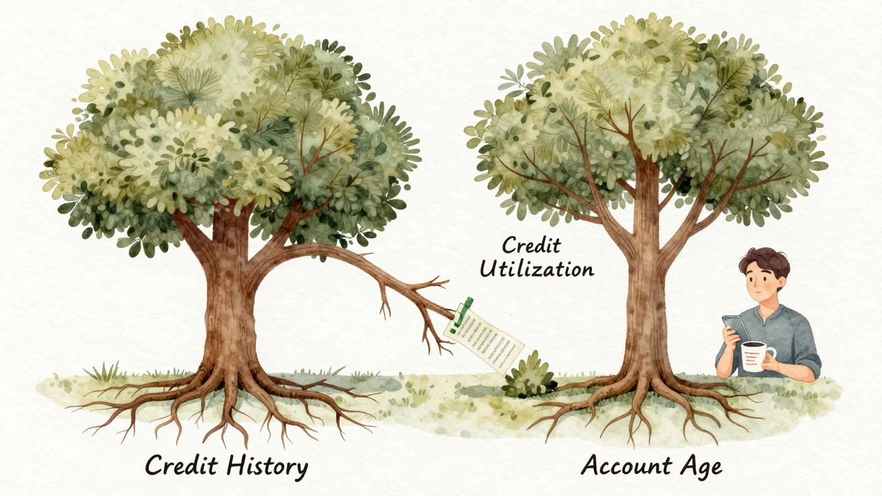 A tree with financial health branches, one broken, one intact with a small receipt attached.