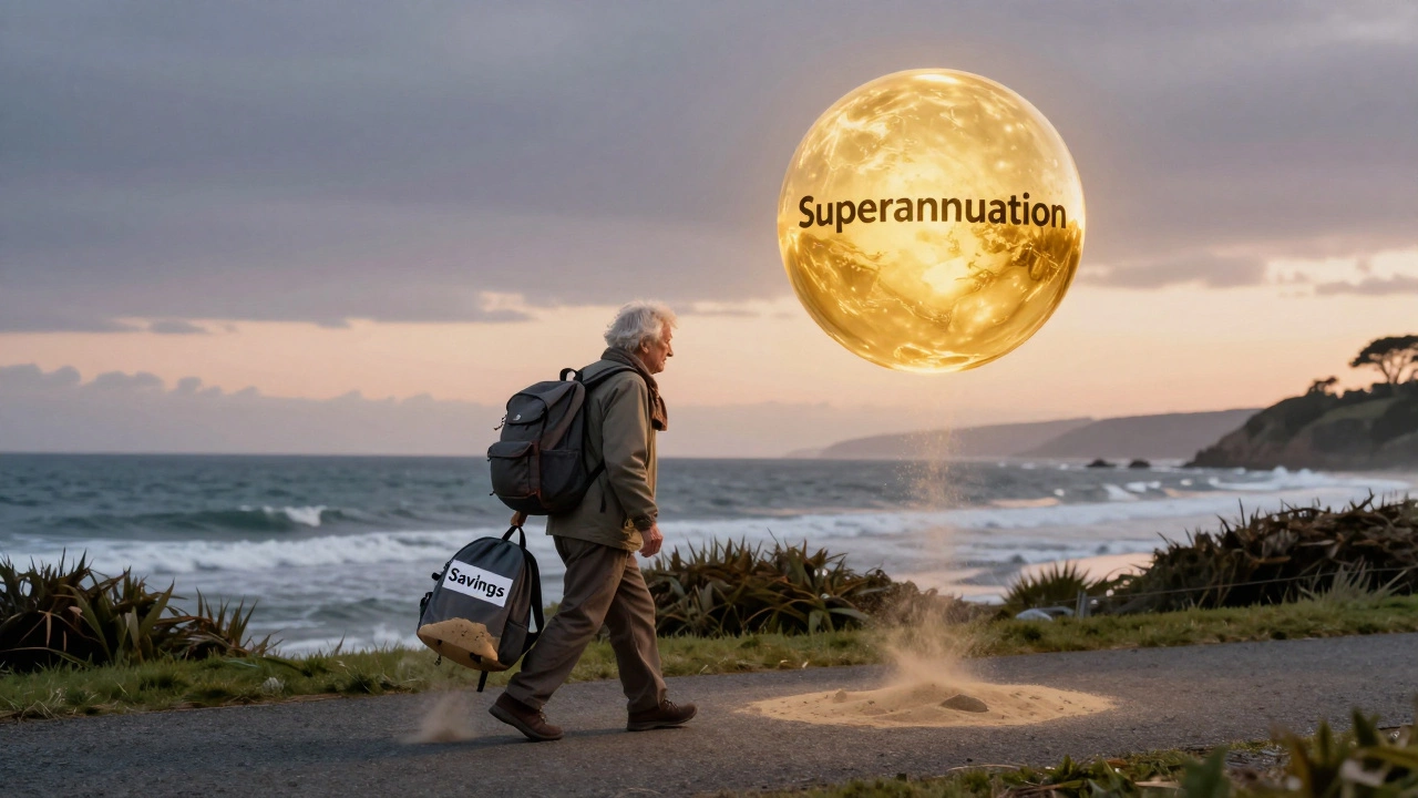 An elderly person walking along a coast as savings drain away, while Superannuation glows steadily above.