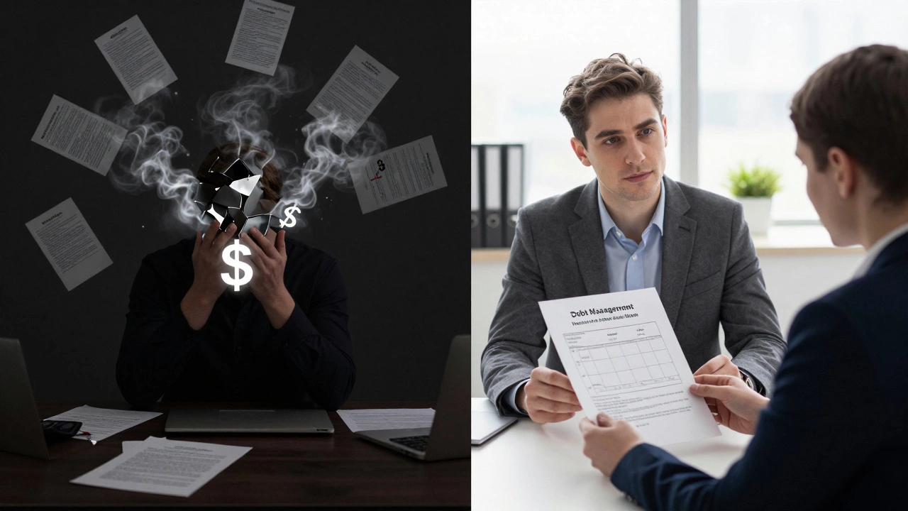 Contrasting scenes of financial ruin versus guided recovery with a credit counselor.