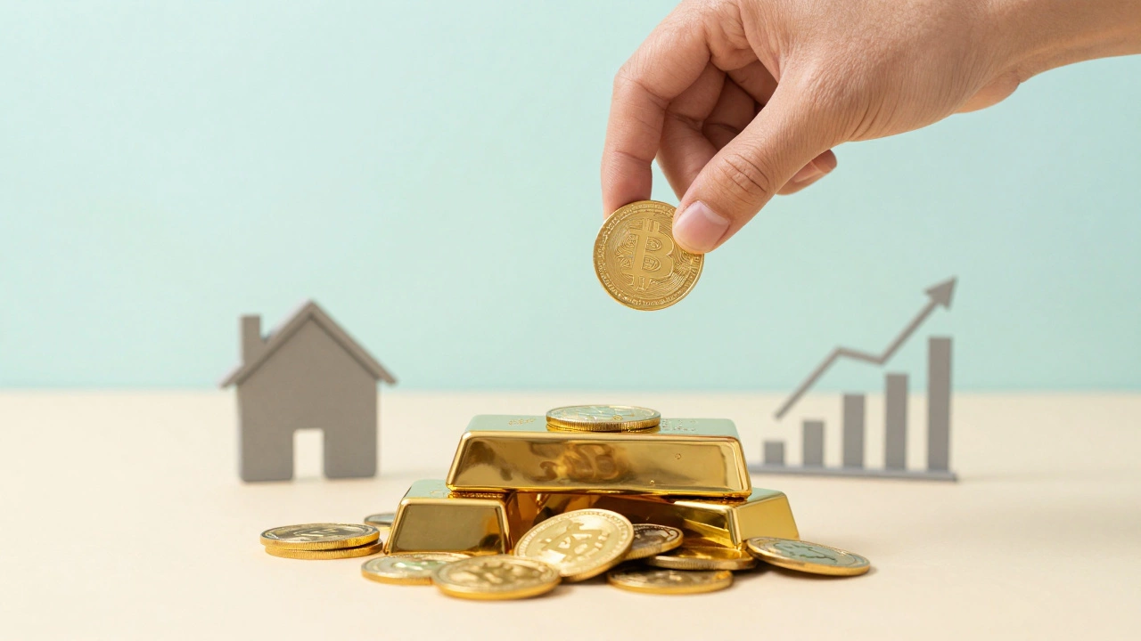 Hand dividing crypto coins into gold bar, house icon, and rising stock chart.