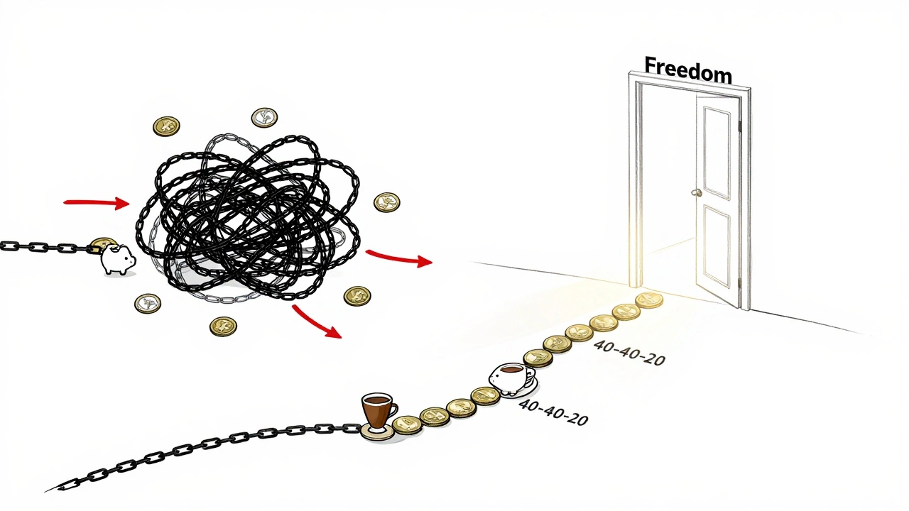 Path of coins leading from tangled debt to a bright door, symbolizing financial freedom.