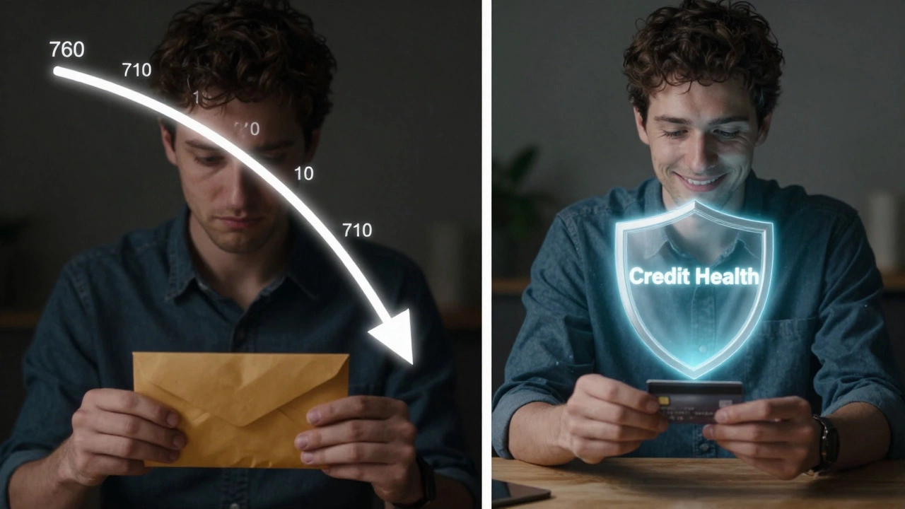 Split image: someone closing a card with falling score vs. making a small purchase with glowing credit shield.