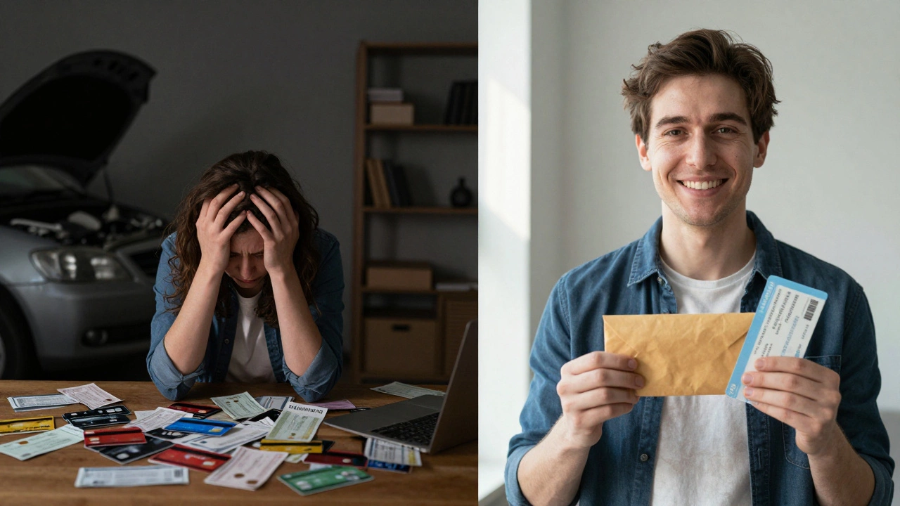 Split image: stressed person with debt vs. same person smiling with savings and travel ticket.