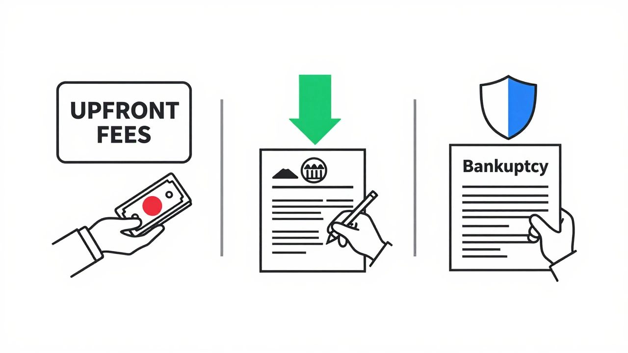 Three visual paths of debt handling: scam, consolidation loan, and bankruptcy, shown with icons.