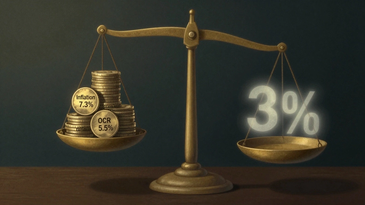 A balance scale contrasting high inflation and interest rates against a fading 3% ghost image.